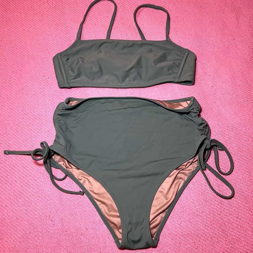 Shade & Shore Women Sage Green‎ High Waist Ruched Bikini Set Small